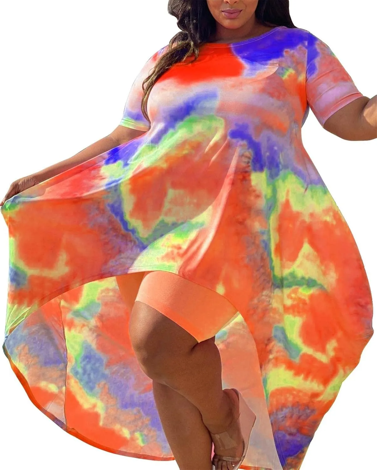 Lucuna Women's 2 Piece Summer Outfits Plus Size Short Sets Tie Dye Irregular Shirt Dress Shorts Sweatsuit