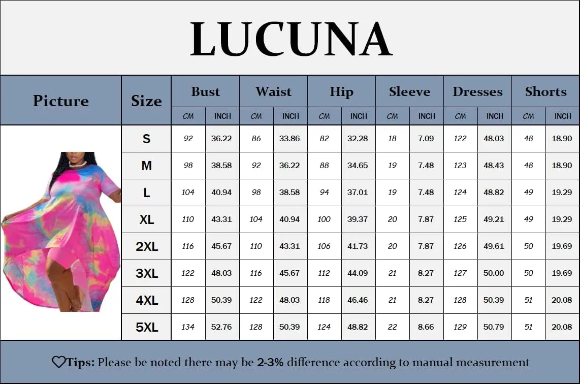 Lucuna Women's 2 Piece Summer Outfits Plus Size Short Sets Tie Dye Irregular Shirt Dress Shorts Sweatsuit