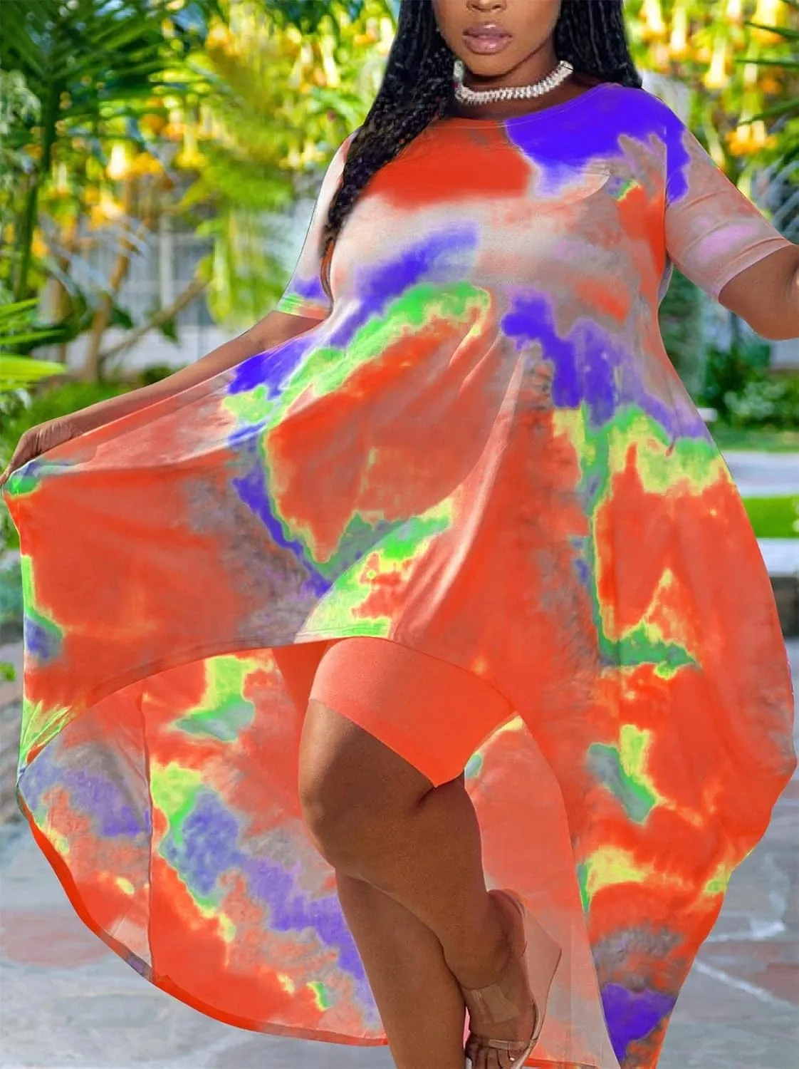 Lucuna Women's 2 Piece Summer Outfits Plus Size Short Sets Tie Dye Irregular Shirt Dress Shorts Sweatsuit