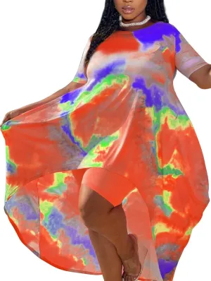 Lucuna Women's 2 Piece Summer Outfits Plus Size Short Sets Tie Dye Irregular Shirt Dress Shorts Sweatsuit