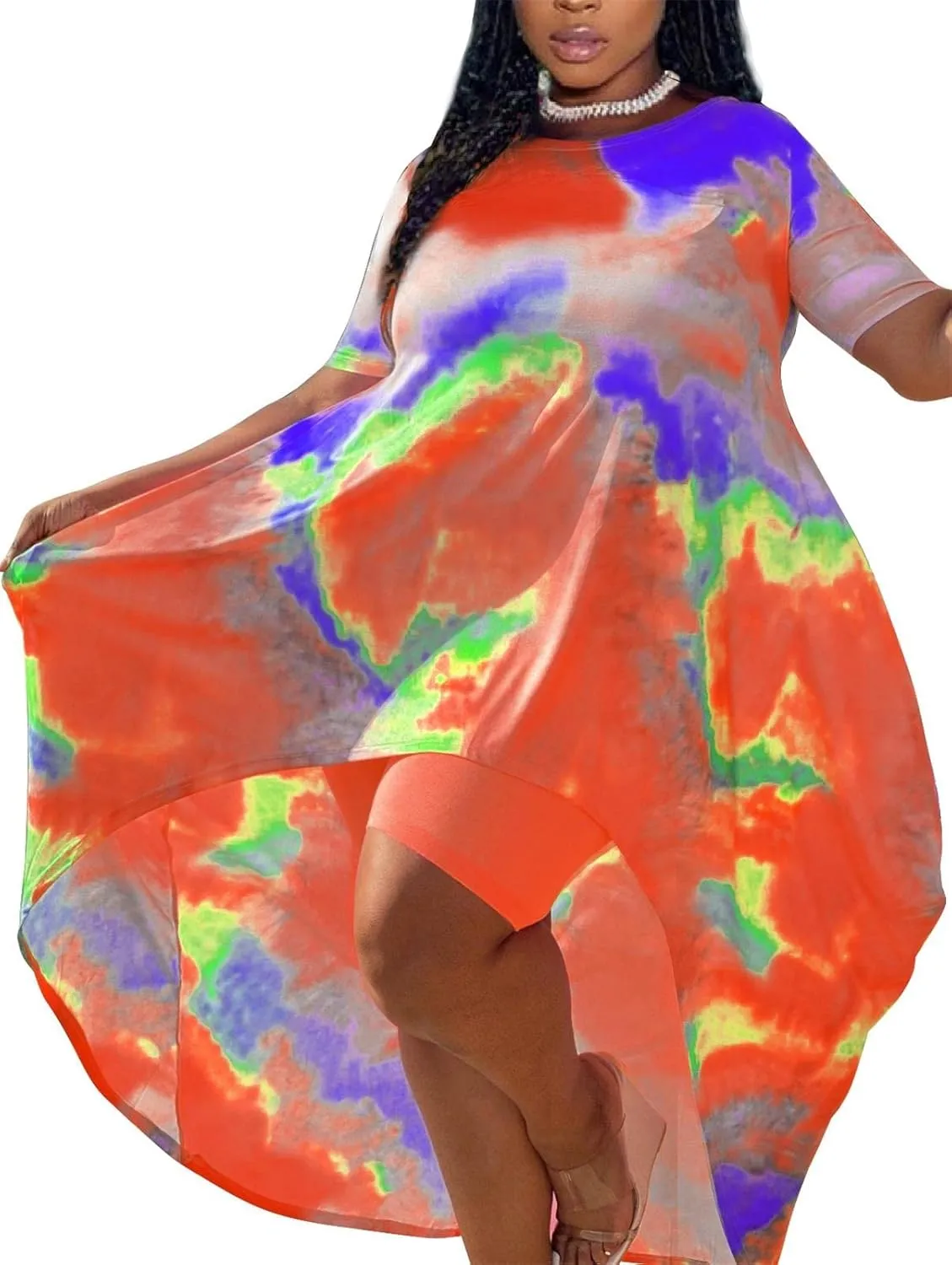 Lucuna Women's 2 Piece Summer Outfits Plus Size Short Sets Tie Dye Irregular Shirt Dress Shorts Sweatsuit