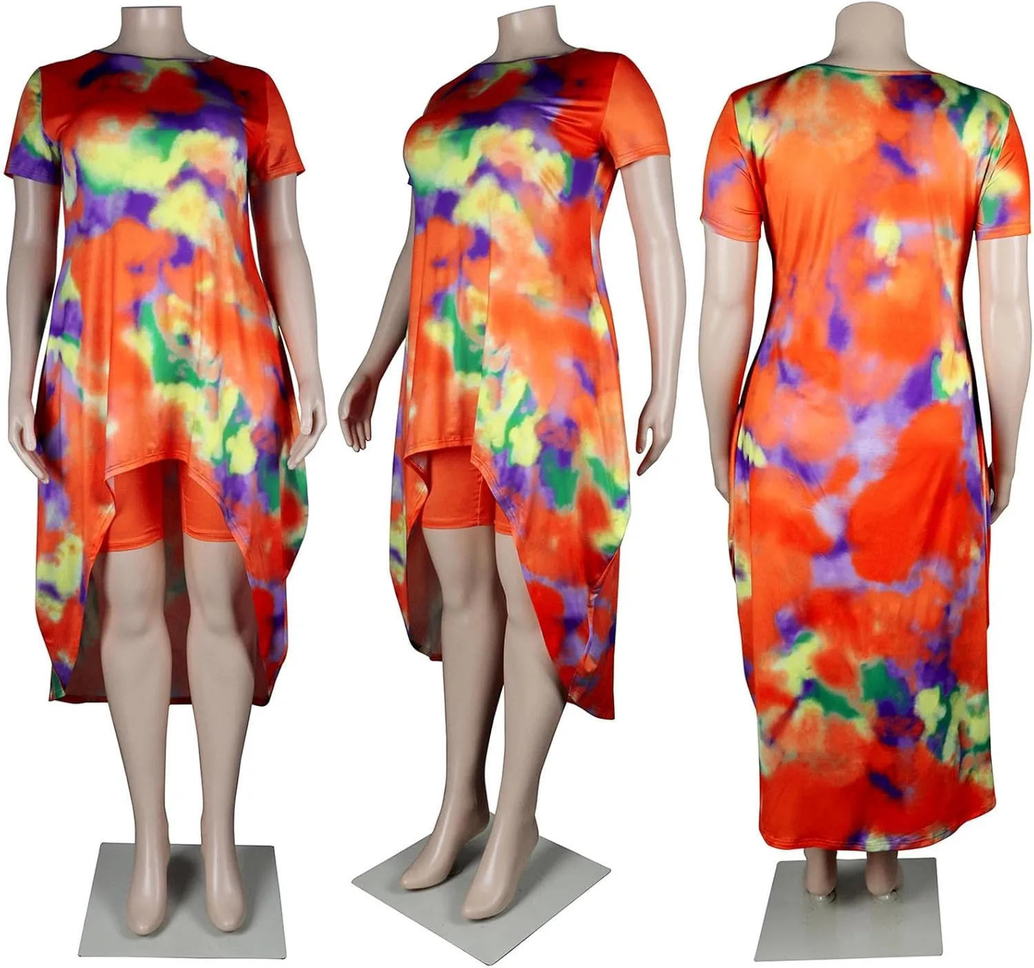 Lucuna Women's 2 Piece Summer Outfits Plus Size Short Sets Tie Dye Irregular Shirt Dress Shorts Sweatsuit