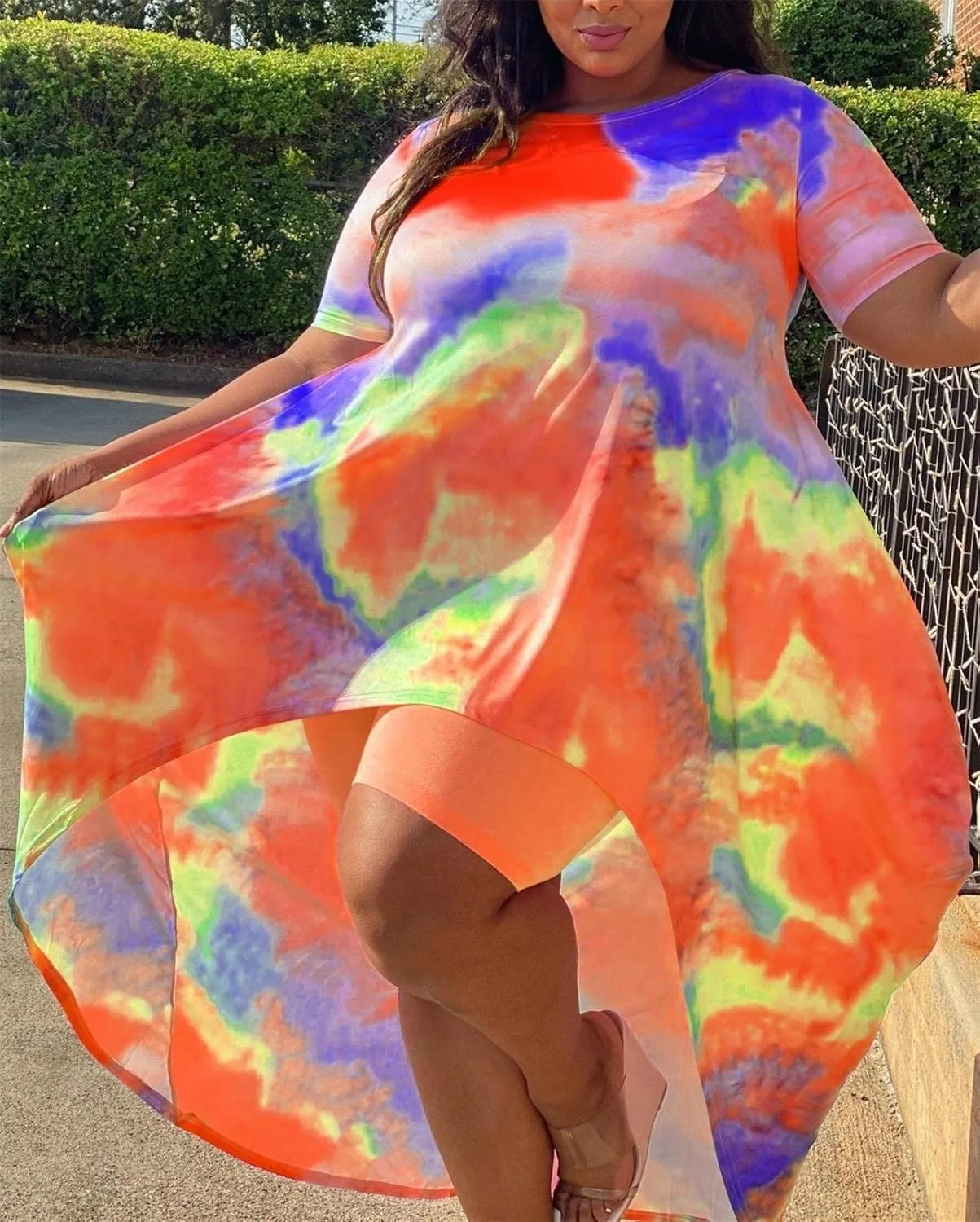 Lucuna Women's 2 Piece Summer Outfits Plus Size Short Sets Tie Dye Irregular Shirt Dress Shorts Sweatsuit