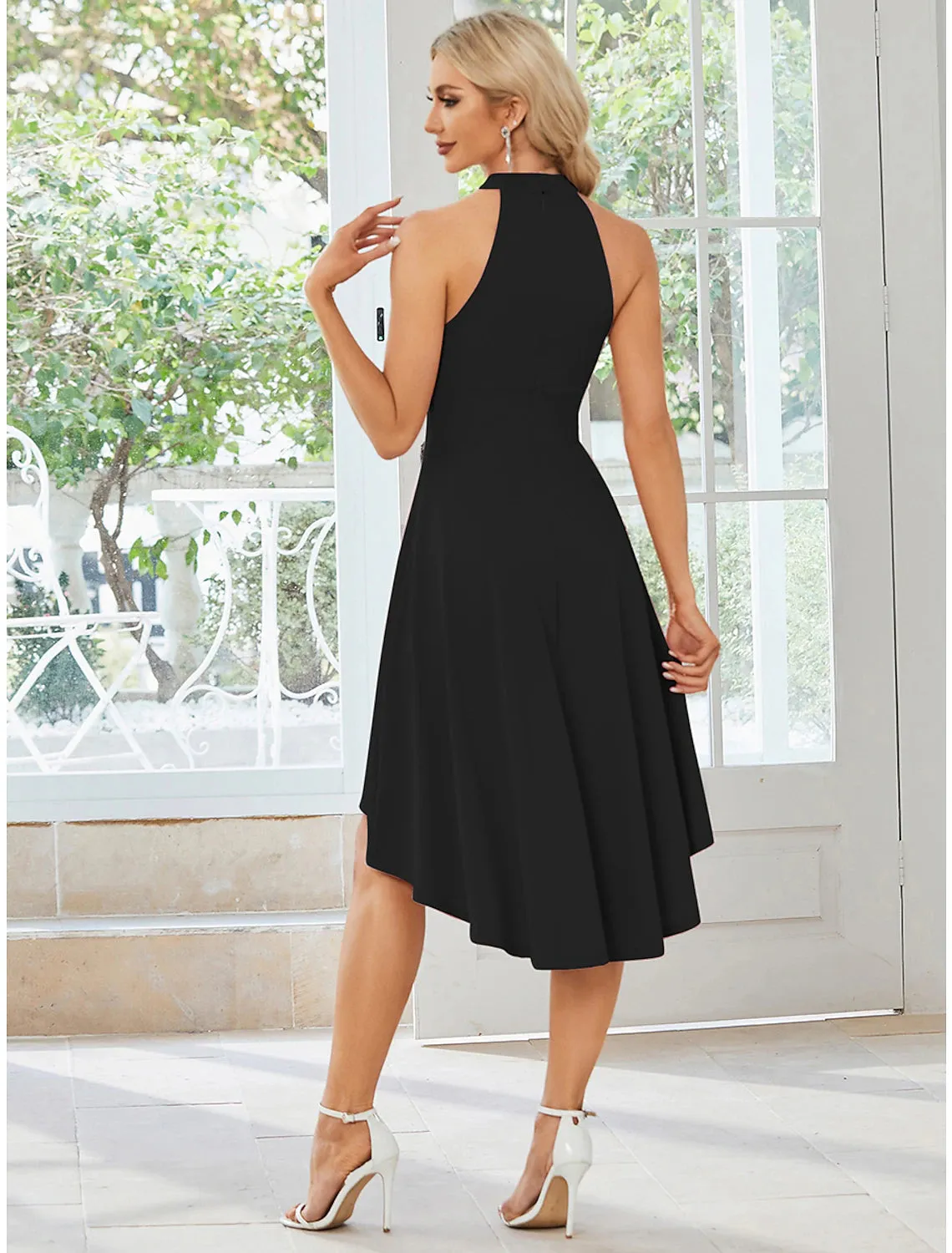 Luolandi A-Line Wedding Guest Dresses Casual Dress Party Wear Wedding Party Asymmetrical Sleeveless Halter Neck Stretch Fabric with Pleats