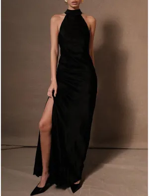 Luolandi Column Wedding Guest Dresses Elegant Dress Tie Floor Length Sleeveless Halter Neck Charmeuse Backless Evening Dresses