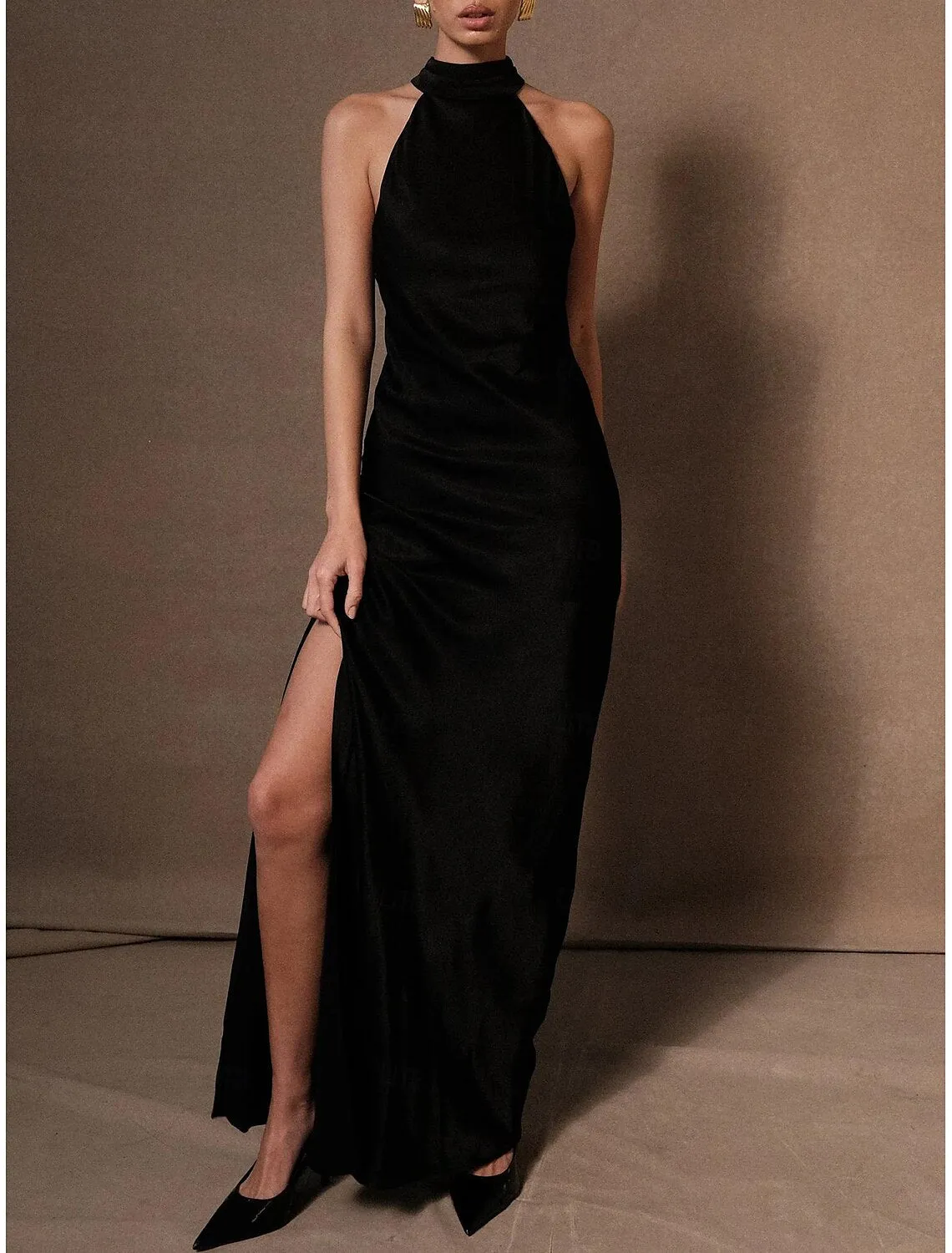Luolandi Column Wedding Guest Dresses Elegant Dress Tie Floor Length Sleeveless Halter Neck Charmeuse Backless Evening Dresses