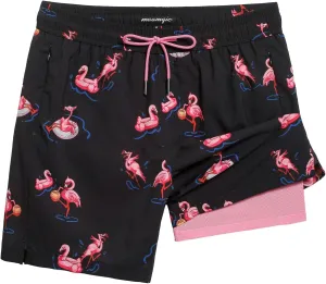 maamgic Mens Swim Trunks 7" Swim Shorts with Compression Liner Quick Dry Swimming Trunks Plaid Grain Bathing Suit Black-Pink Flamingo XX-Large