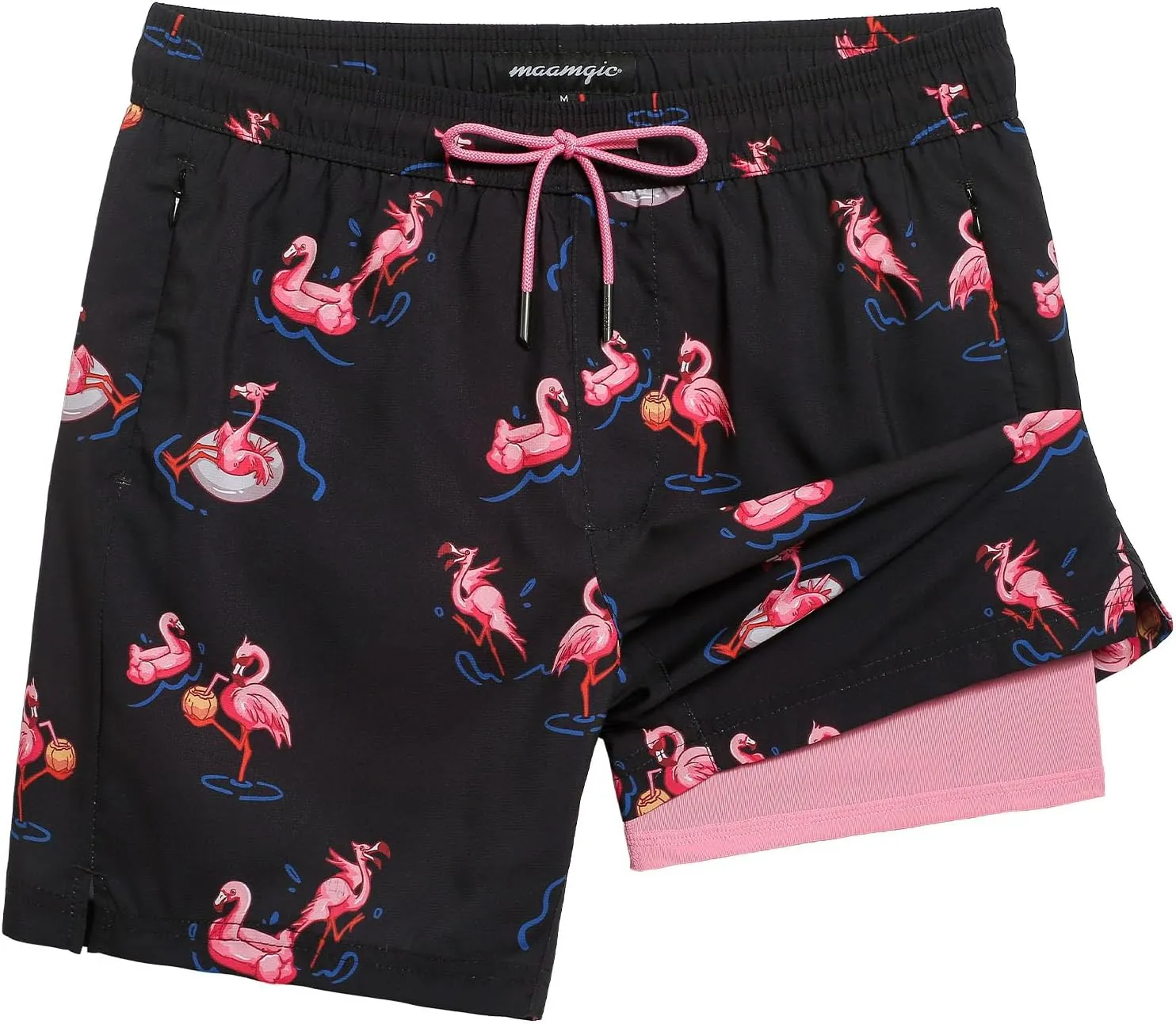 maamgic Mens Swim Trunks 7" Swim Shorts with Compression Liner Quick Dry Swimming Trunks Plaid Grain Bathing Suit Black-Pink Flamingo XX-Large