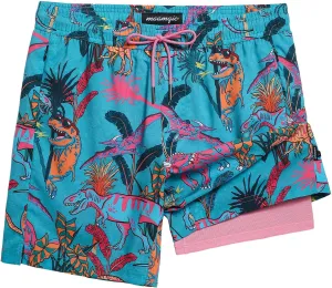maamgic Mens Swim Trunks 7" Swim Shorts with Compression Liner Quick Dry Swimming Trunks Plaid Grain Bathing Suit