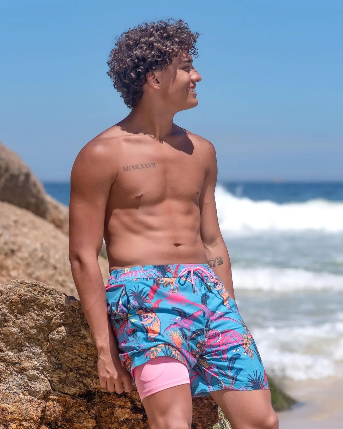 maamgic Mens Swim Trunks 7" Swim Shorts with Compression Liner Quick Dry Swimming Trunks Plaid Grain Bathing Suit