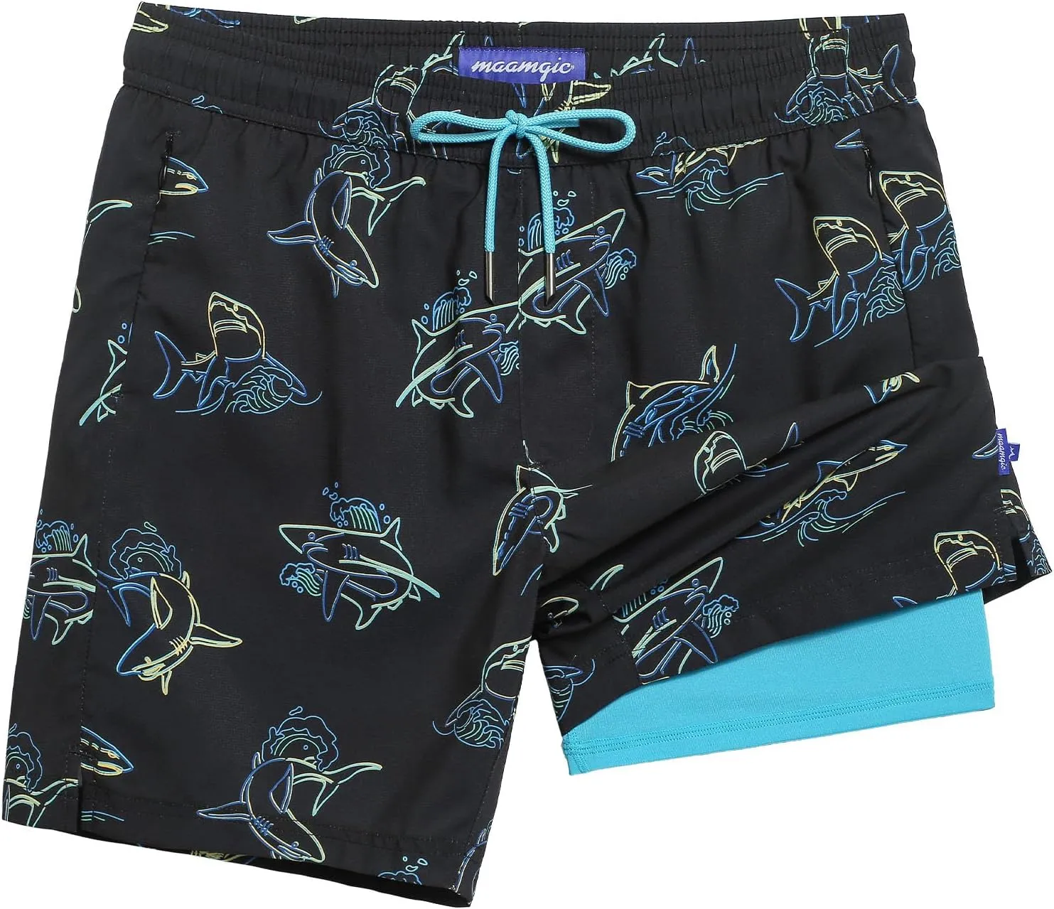 maamgic Mens Swim Trunks 7" Swim Shorts with Compression Liner Quick Dry Swimming Trunks Plaid Grain Bathing Suit