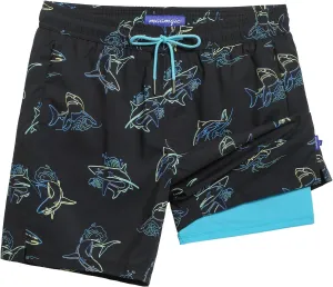 maamgic Mens Swim Trunks 7" Swim Shorts with Compression Liner Quick Dry Swimming Trunks Plaid Grain Bathing Suit