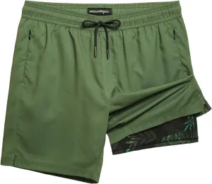 maamgic Mens Swim Trunks 7" Swim Shorts with Compression Liner Quick Dry Swimming Trunks Plaid Grain Bathing Suit