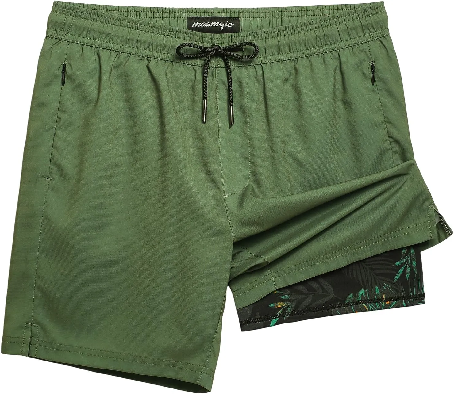 maamgic Mens Swim Trunks 7" Swim Shorts with Compression Liner Quick Dry Swimming Trunks Plaid Grain Bathing Suit