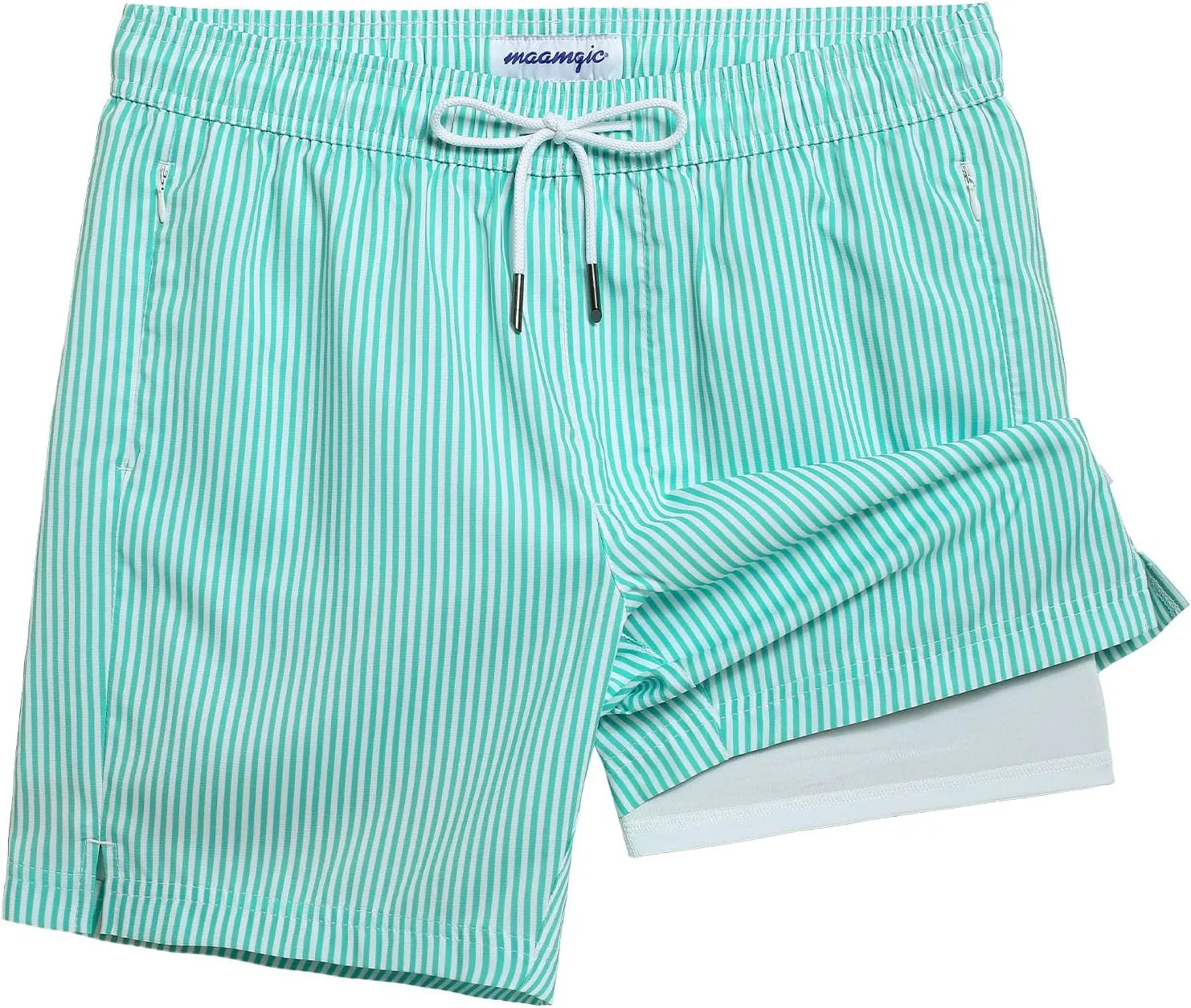 maamgic Mens Swim Trunks 7" Swim Shorts with Compression Liner Quick Dry Swimming Trunks Plaid Grain Bathing Suit