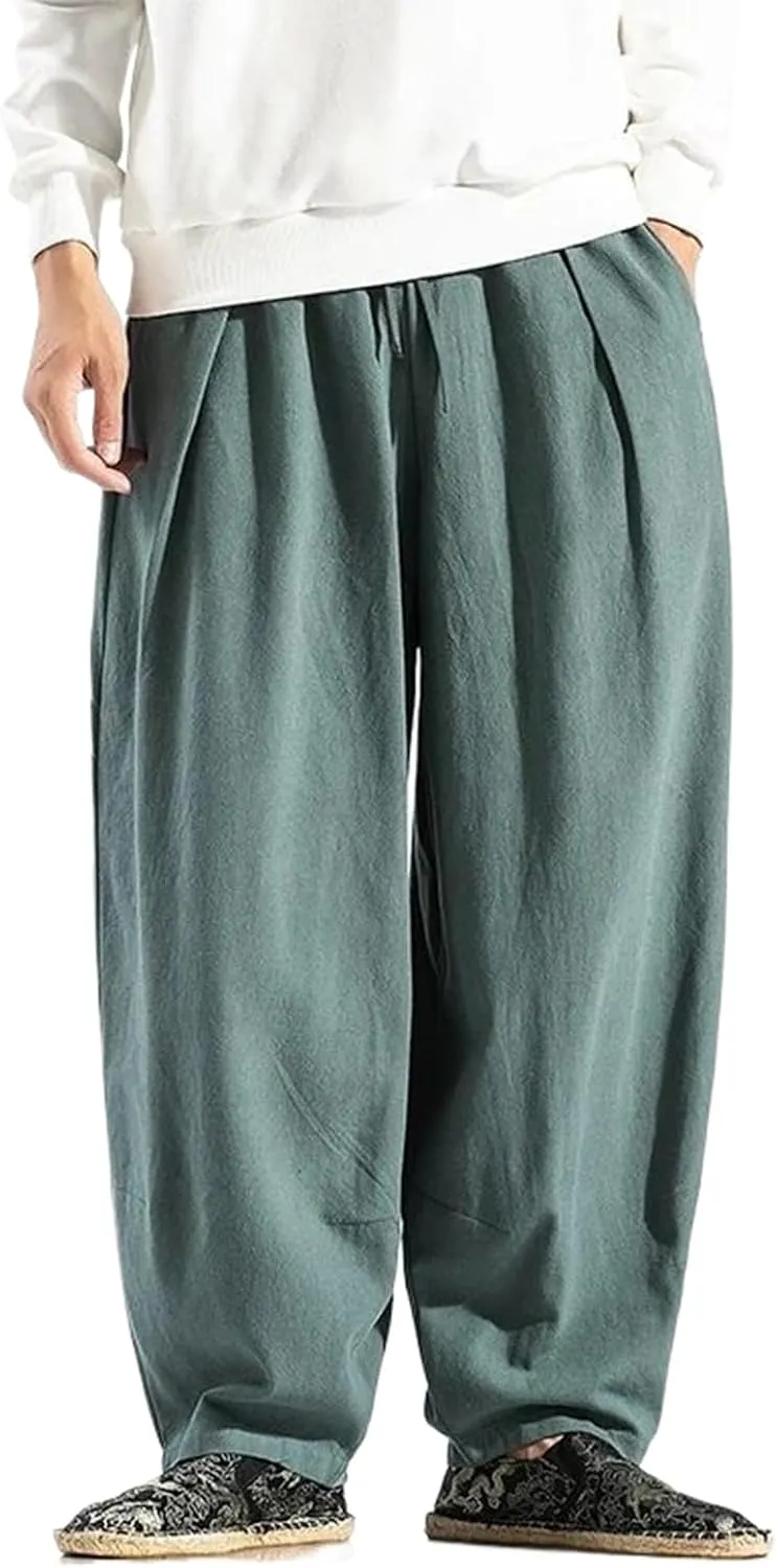 Men Korean Wide Leg Pants Mens Loose Casual Cotton Harem Pants Soild Color Japanese Joggers Linen Trousers