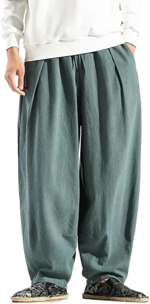 Men Korean Wide Leg Pants Mens Loose Casual Cotton Harem Pants Soild Color Japanese Joggers Linen Trousers