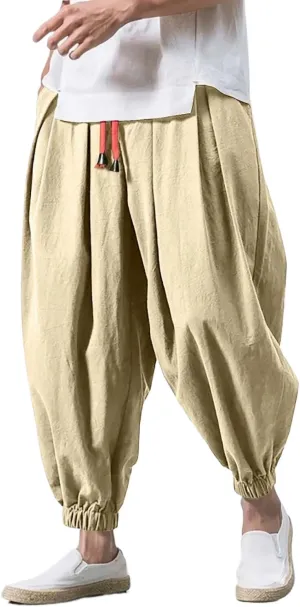 Men Loose Harem Pants Autumn Chinese Linen Sweatpants Casual Trousers Male