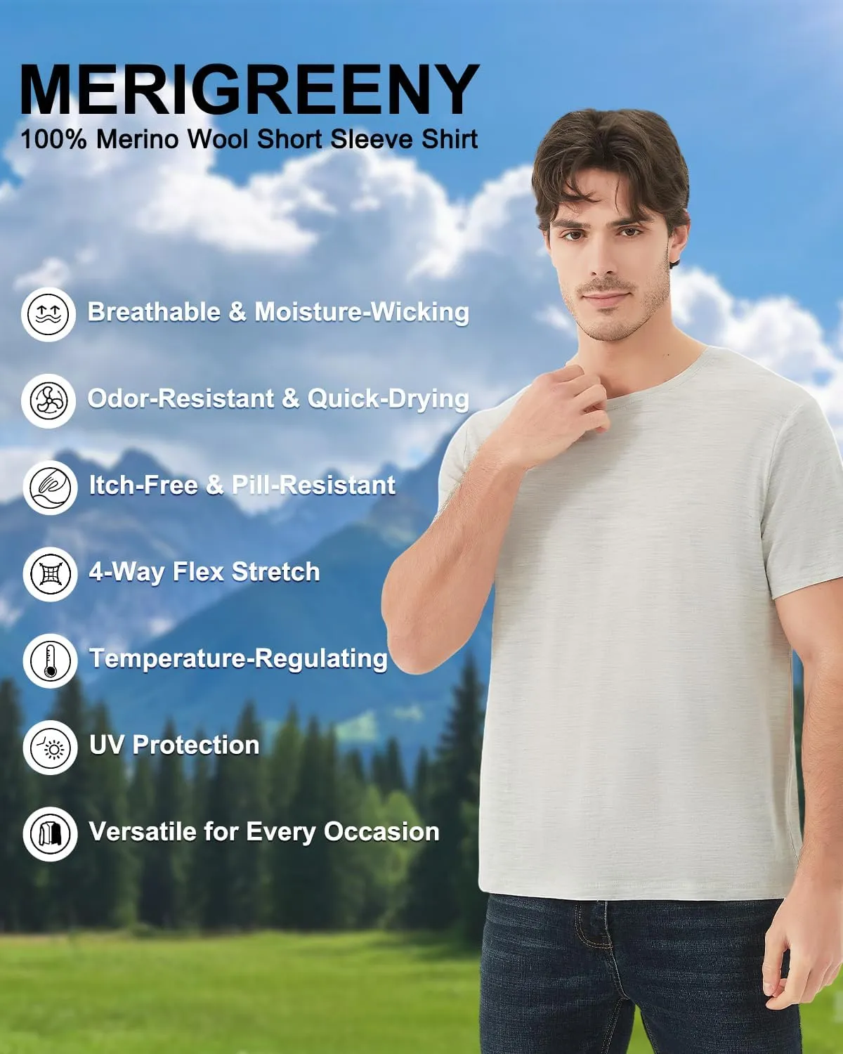 Men's 100% Merino Wool T-Shirt, Crew Neck Lightweight Undershirt Moisture-Wicking Base Layer