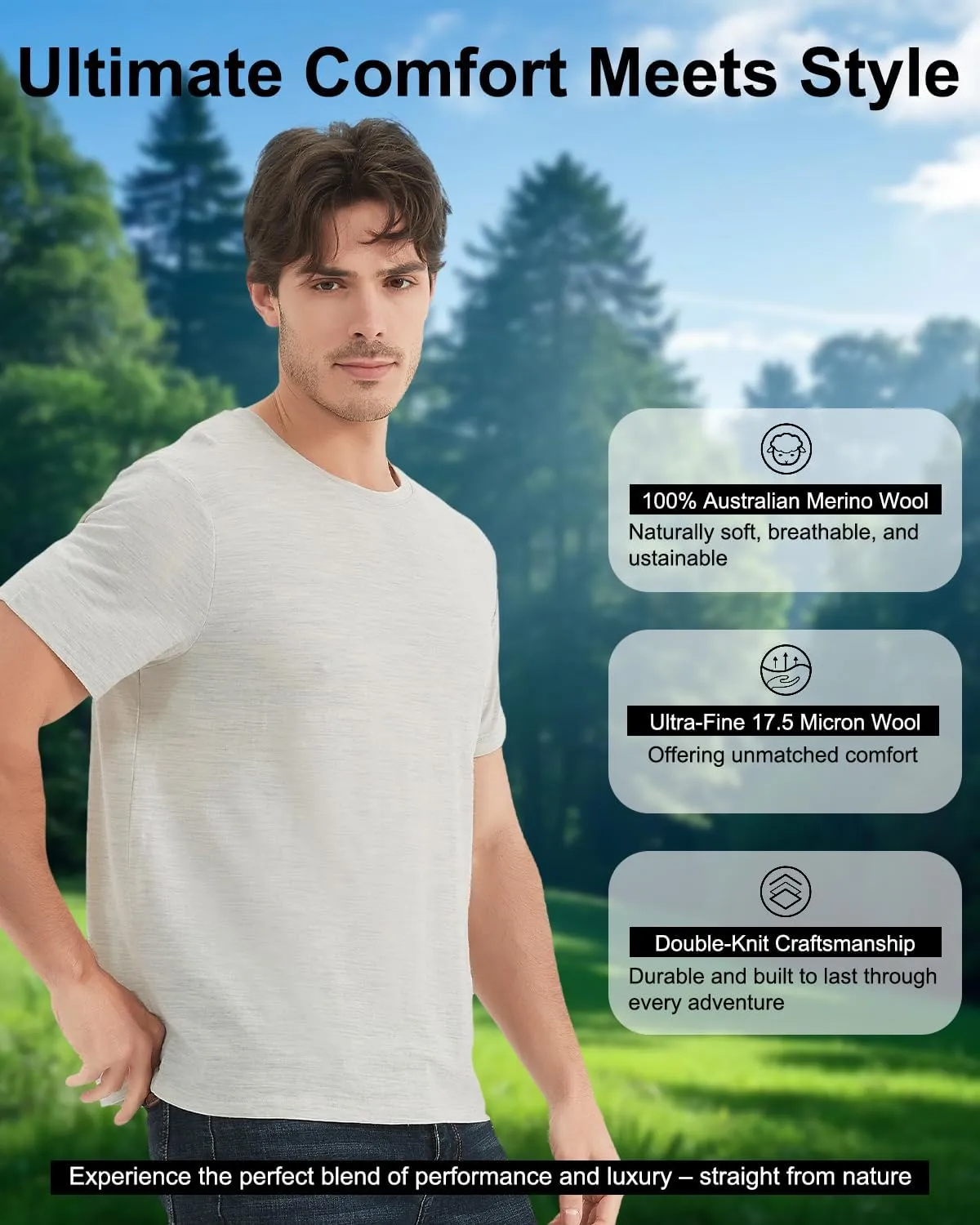 Men's 100% Merino Wool T-Shirt, Crew Neck Lightweight Undershirt Moisture-Wicking Base Layer