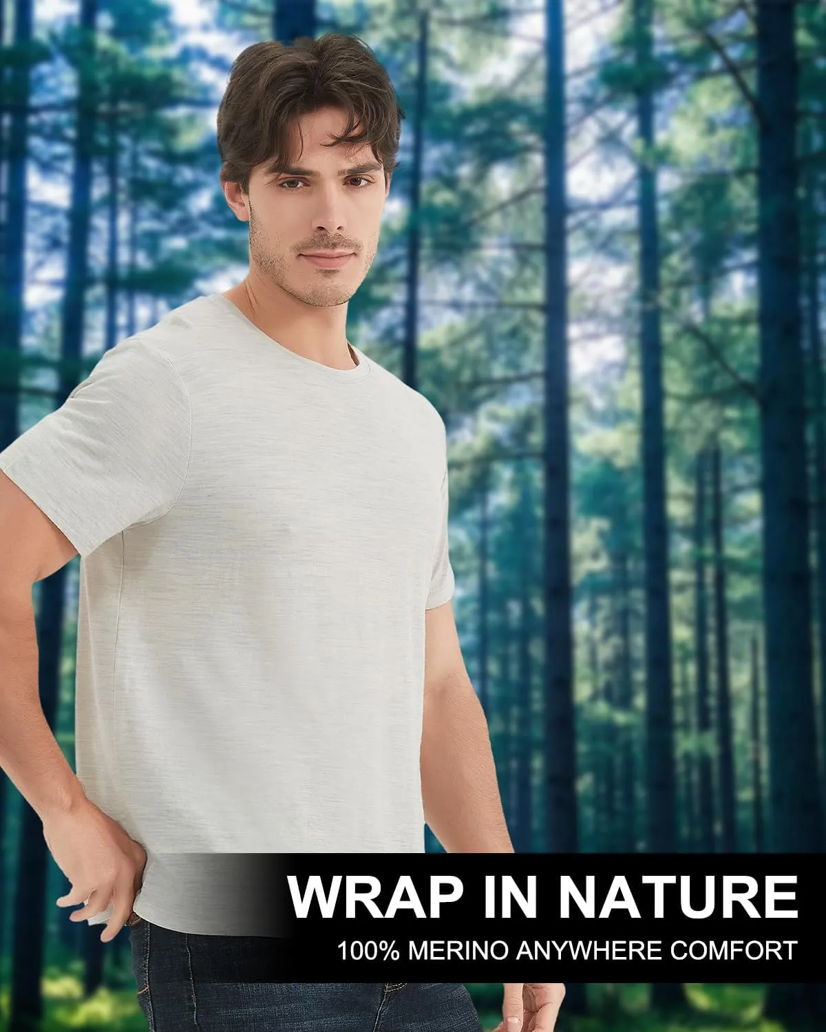 Men's 100% Merino Wool T-Shirt, Crew Neck Lightweight Undershirt Moisture-Wicking Base Layer