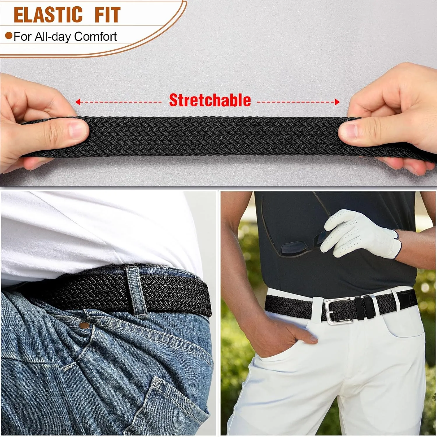 Men's Belt Braided Stretch Belt for Men Golf Pants Casual Shorts Jeans