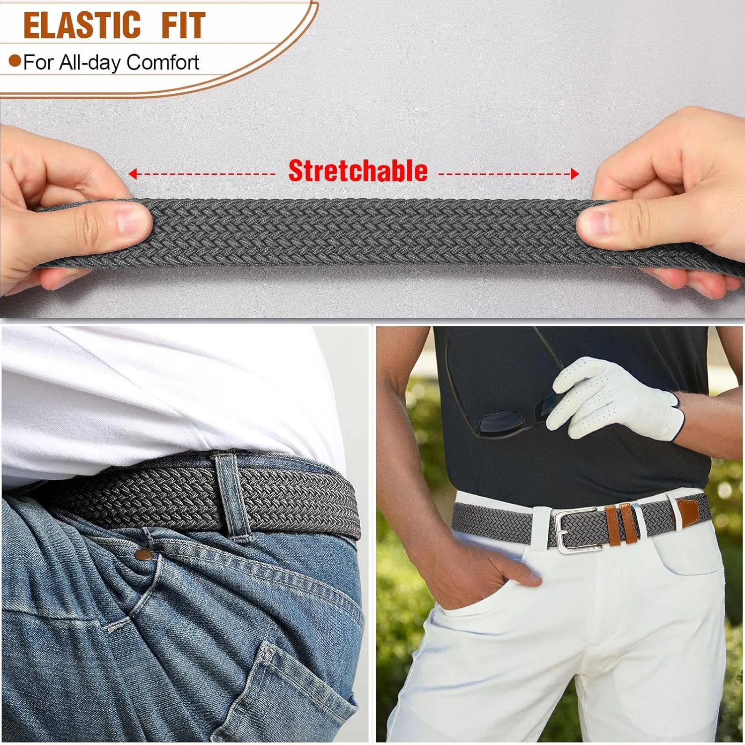 Men's Belt Braided Stretch Belt for Men Golf Pants Casual Shorts Jeans