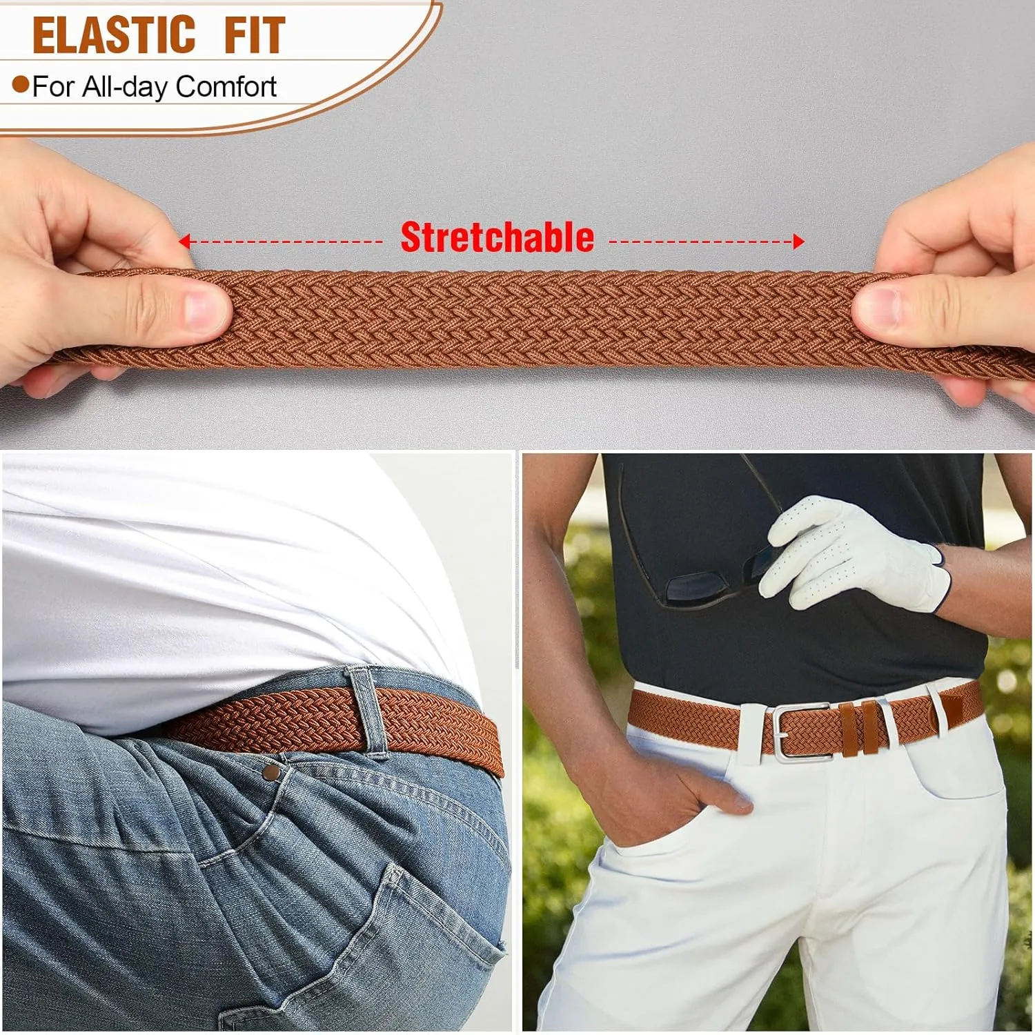 Men's Belt Braided Stretch Belt for Men Golf Pants Casual Shorts Jeans
