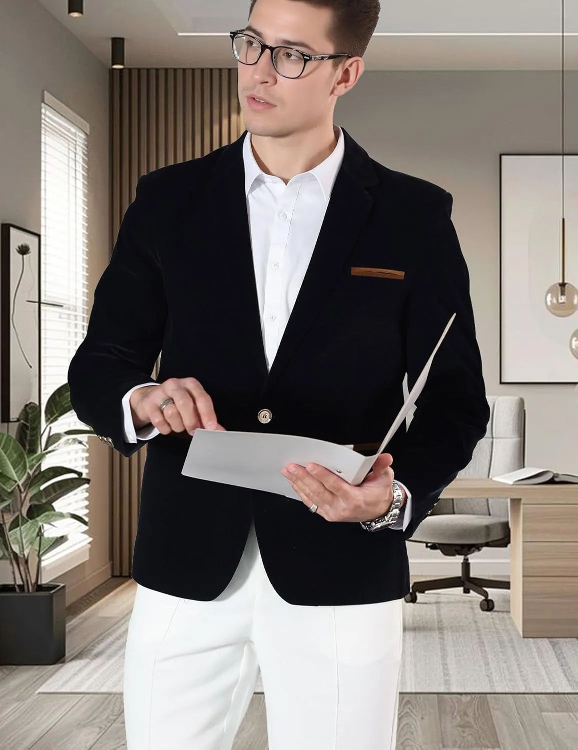 Mens Casual Corduroy Blazer Sport Coat Slim Fit One Button Notch Lapel Suit Jacket for Daily Wear, Work, Wedding & Party