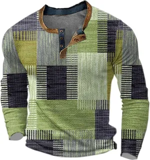 Mens Long Sleeve Henley Shirt 1/4 Button Plaid Printed Distressed Vintage Tops Color Block Slim Fit Golf Polo Shirts
