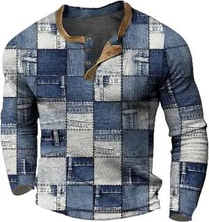 Mens Long Sleeve Henley Shirt 1/4 Button Plaid Printed Distressed Vintage Tops Color Block Slim Fit Golf Polo Shirts