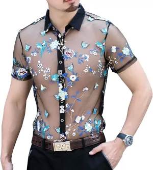 Mens Pattern Short Sleeve Shirts Button Down Slim Fit