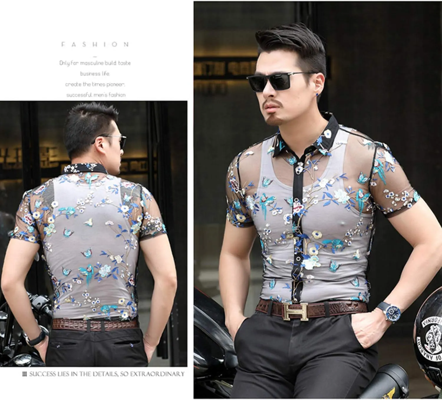 Mens Pattern Short Sleeve Shirts Button Down Slim Fit