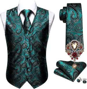 Mens Silk Suit Vest Lapel V Neck Casual Teal Blue Floral Waistcoat Casual Formal Groomsman Jacket Men Wedding