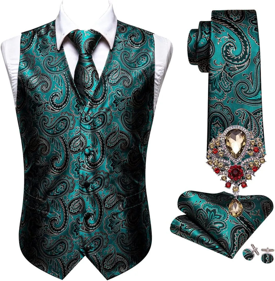 Mens Silk Suit Vest Lapel V Neck Casual Teal Blue Floral Waistcoat Casual Formal Groomsman Jacket Men Wedding