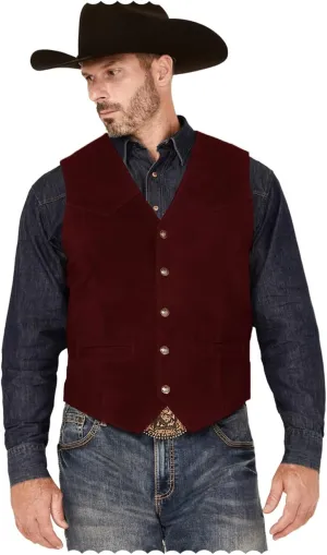 Men's Suede Leather Vest Slim Fit V-Neck Western Cowboy Waistcoat for Wedding Prom