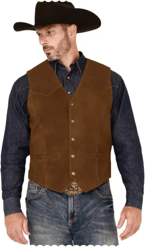 Men's Suede Leather Vest Slim Fit V-Neck Western Cowboy Waistcoat for Wedding Prom