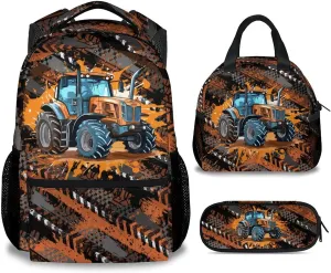 Mercuryelf Backpack and Lunch Box Set - 17 Inch Boys Bookbag with Lunch Bag for Primary Middle - Cool 3 in 1 Tractor Backpacks Set