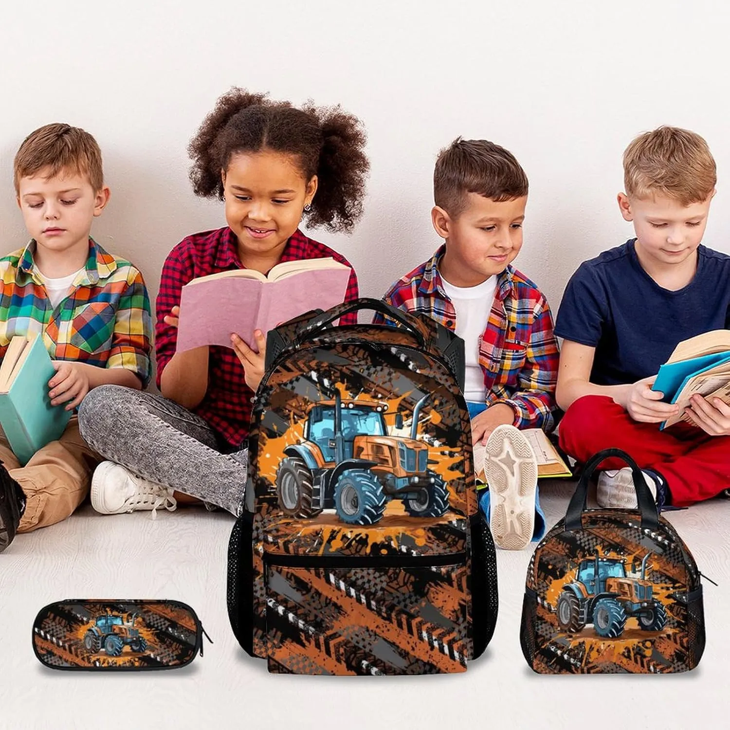Mercuryelf Backpack and Lunch Box Set - 17 Inch Boys Bookbag with Lunch Bag for Primary Middle - Cool 3 in 1 Tractor Backpacks Set