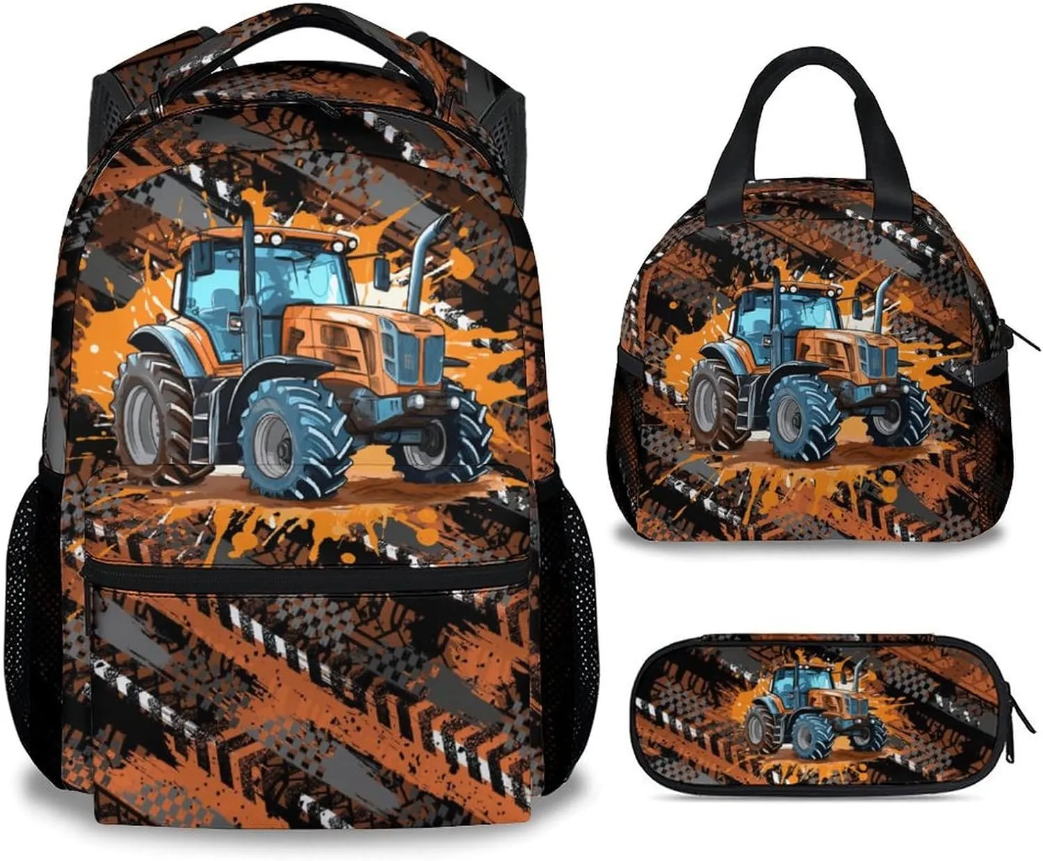 Mercuryelf Backpack and Lunch Box Set - 17 Inch Boys Bookbag with Lunch Bag for Primary Middle - Cool 3 in 1 Tractor Backpacks Set