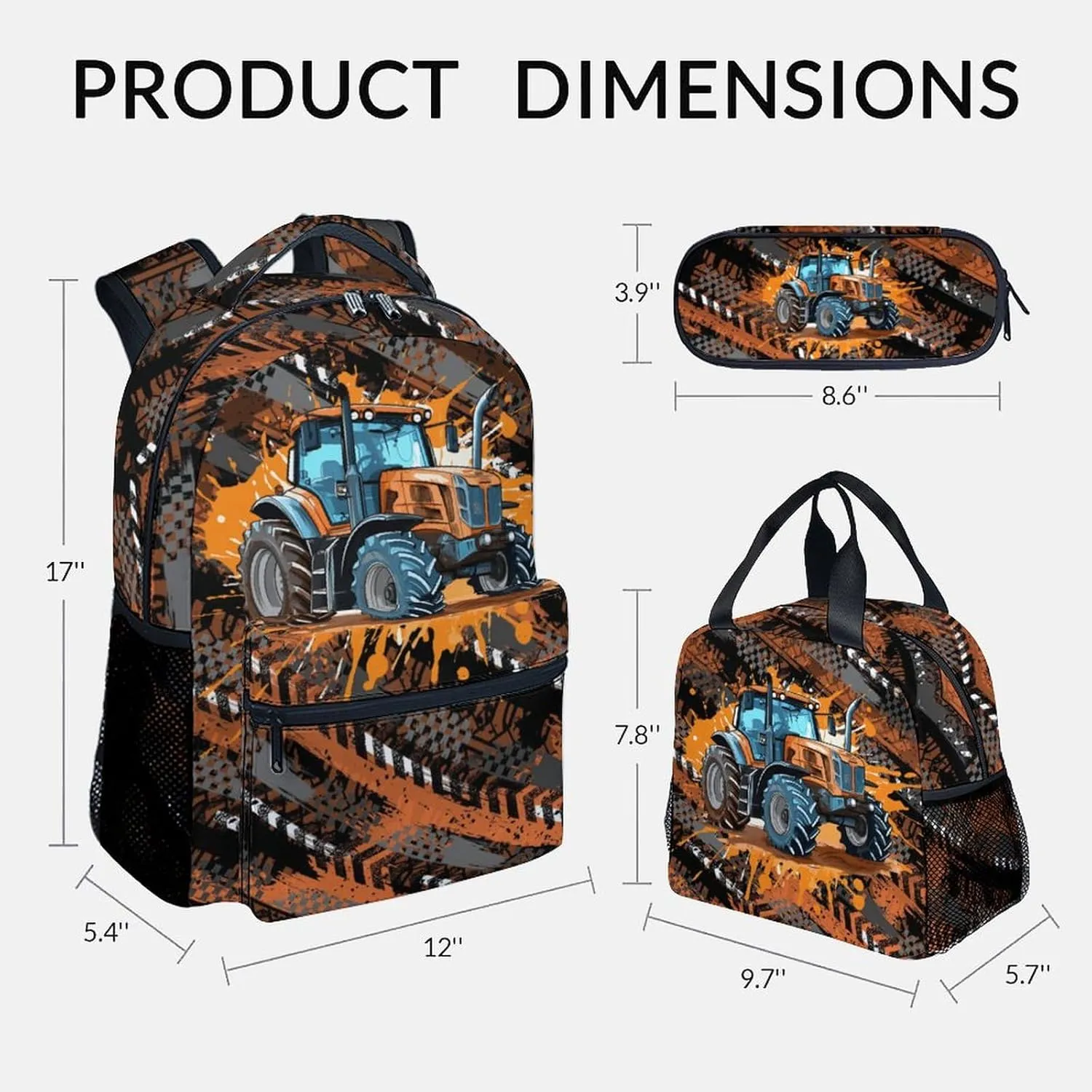 Mercuryelf Backpack and Lunch Box Set - 17 Inch Boys Bookbag with Lunch Bag for Primary Middle - Cool 3 in 1 Tractor Backpacks Set