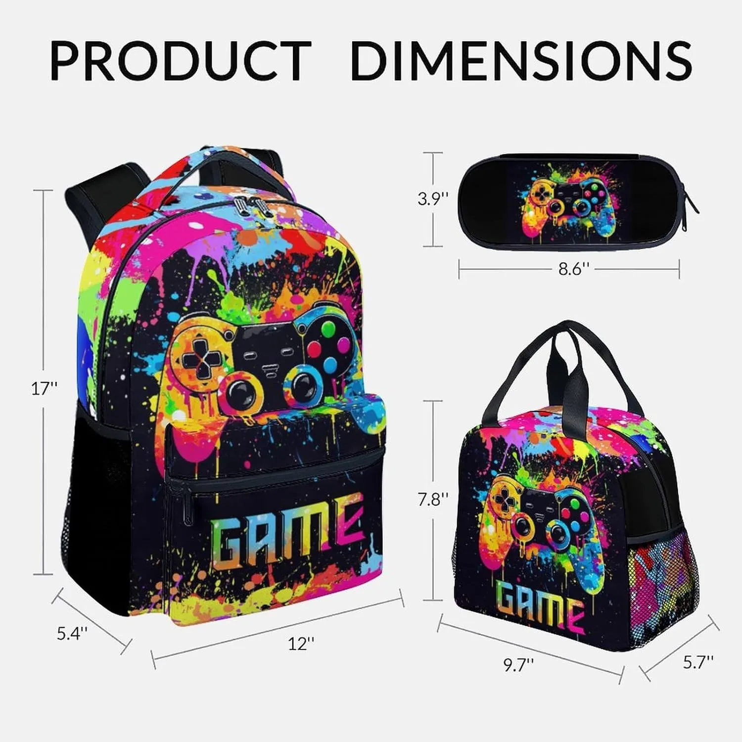 Mercuryelf Backpack and Lunch Box Set - 17 Inch Gamer Boys Bookbag with Lunch Bag and Pencil for Primary Middle - Cool 3 in 1 Gaming Backpacks Set