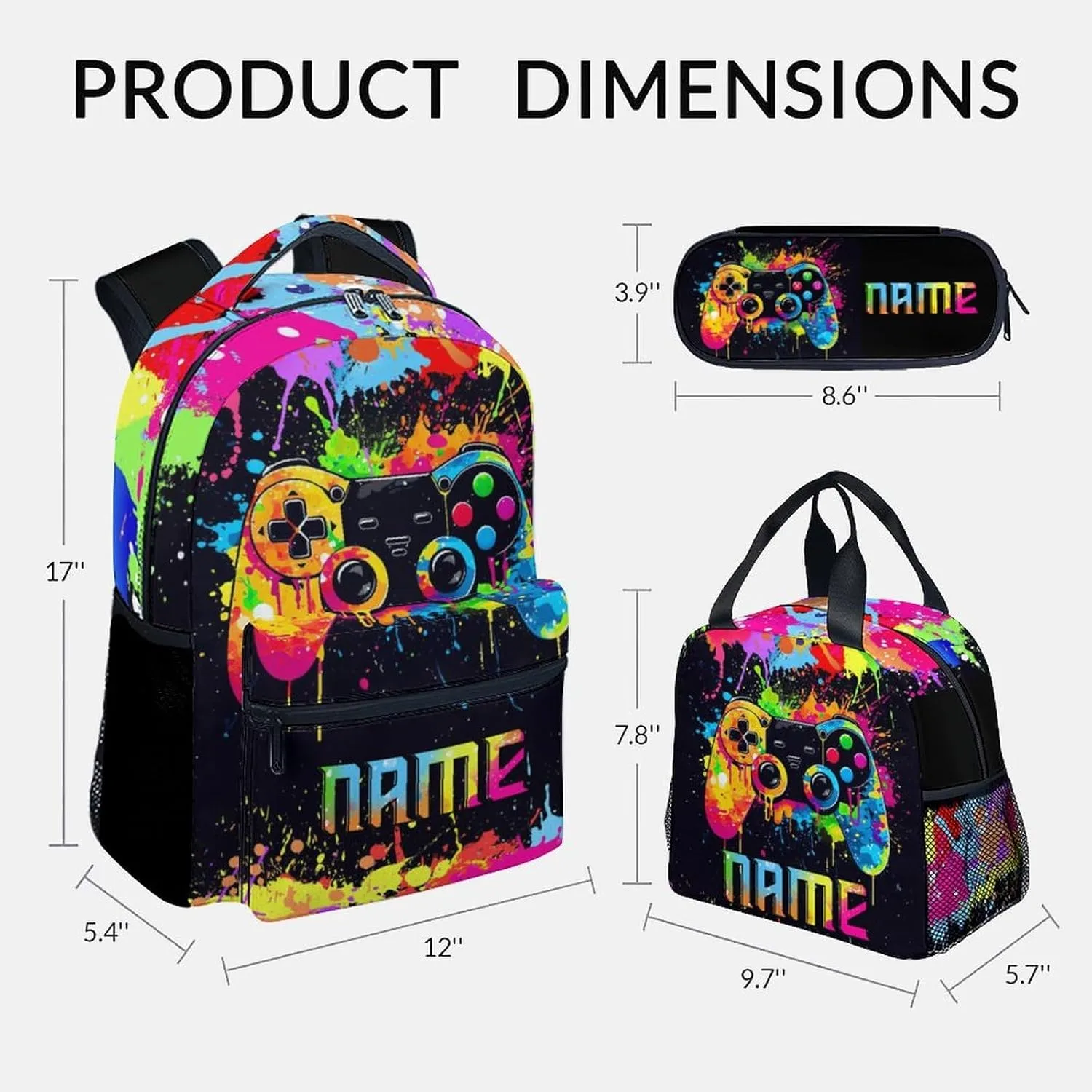 Mercuryelf Backpack and Lunch Box Set - 17 Inch Gamer Boys Bookbag with Lunch Bag and Pencil for Primary Middle - Personalized Cool 3 in 1 Gaming Backpacks Set