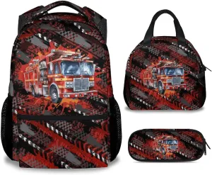 Mercuryelf Boys Backpack with Lunch Box - 17 Inch Fire Trucks Kid Backpack with Lunch Bag for School - Cool Bookbag Set for Teens Kids