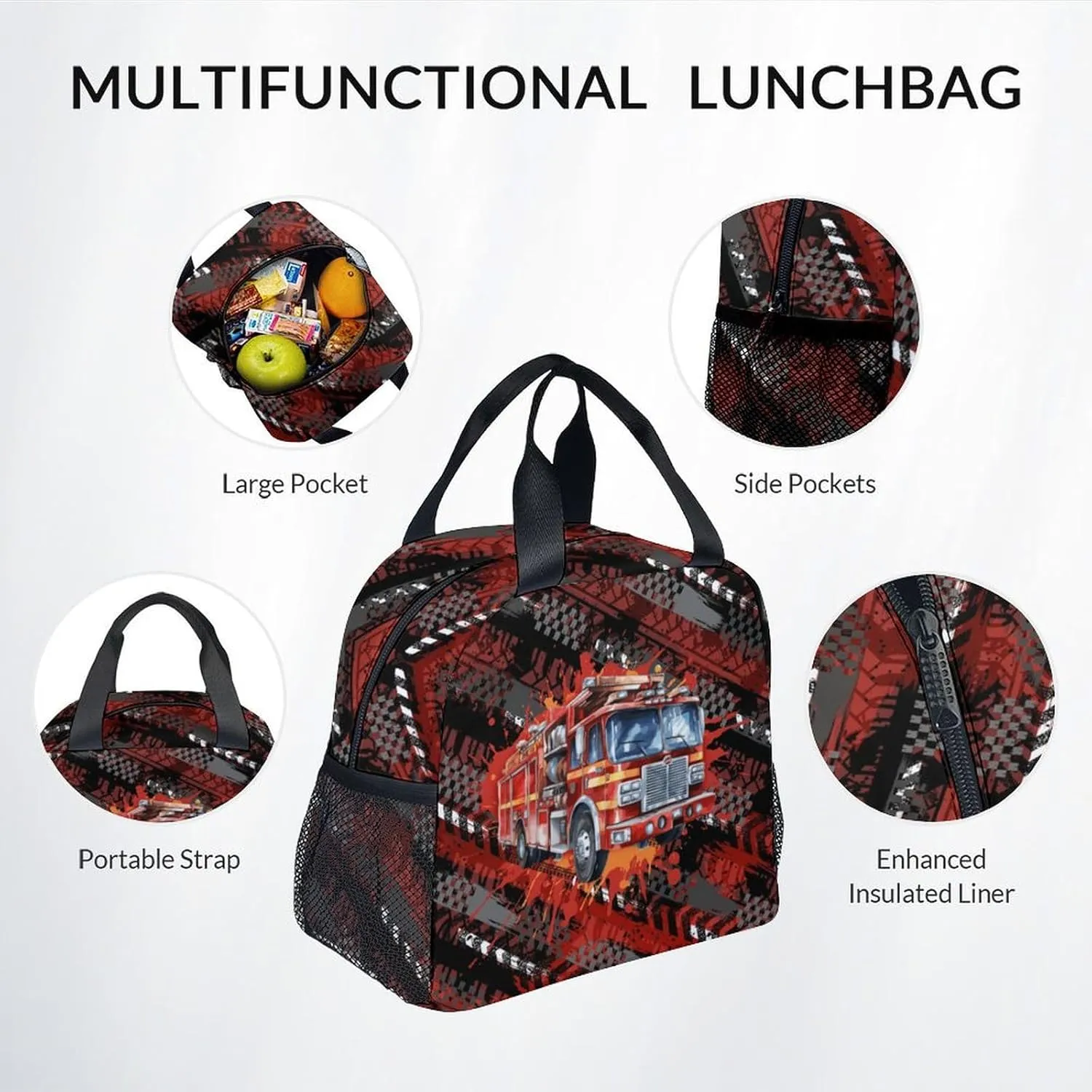 Mercuryelf Boys Backpack with Lunch Box - 17 Inch Fire Trucks Kid Backpack with Lunch Bag for School - Cool Bookbag Set for Teens Kids