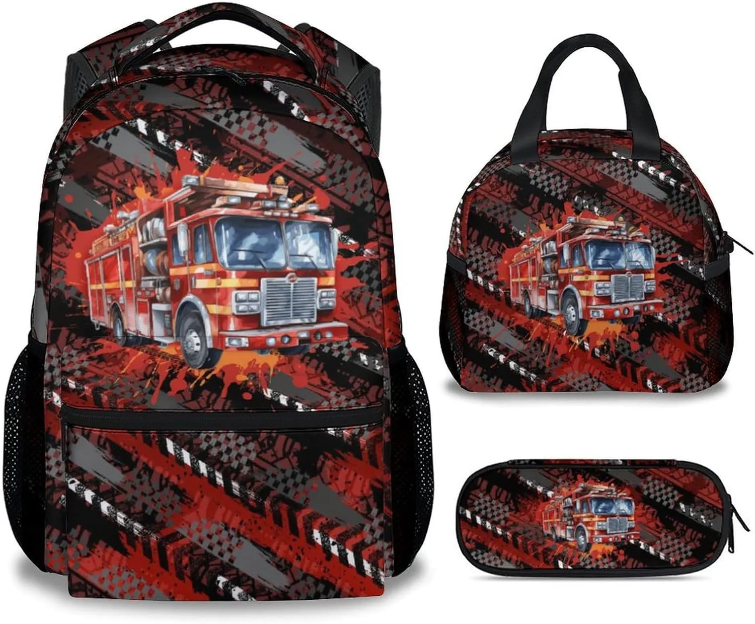 Mercuryelf Boys Backpack with Lunch Box - 17 Inch Fire Trucks Kid Backpack with Lunch Bag for School - Cool Bookbag Set for Teens Kids