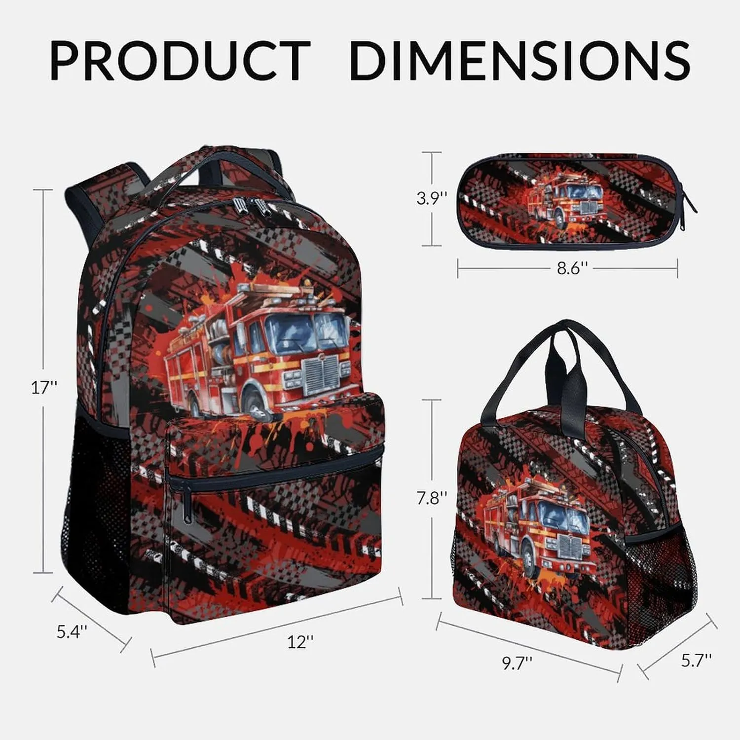 Mercuryelf Boys Backpack with Lunch Box - 17 Inch Fire Trucks Kid Backpack with Lunch Bag for School - Cool Bookbag Set for Teens Kids