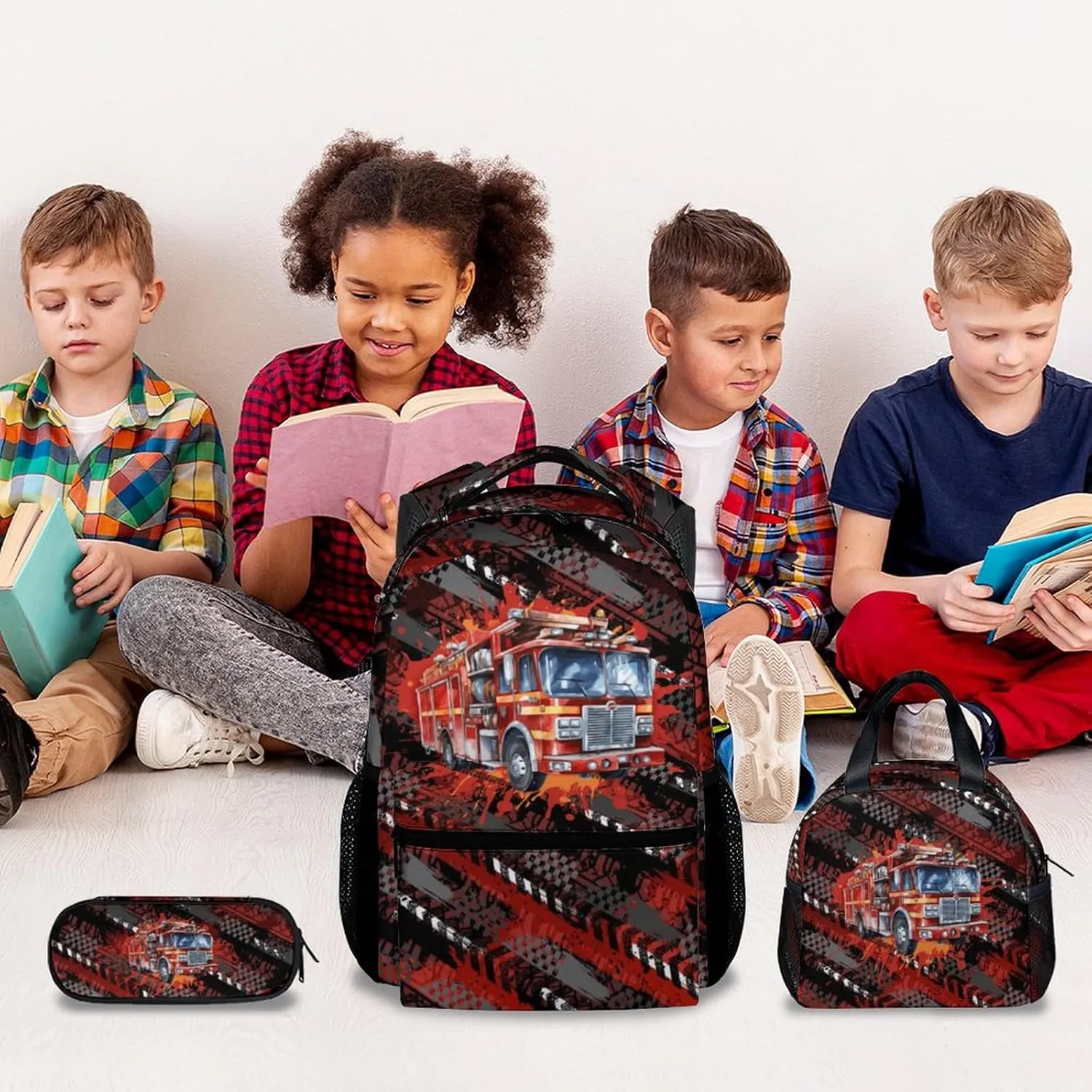 Mercuryelf Boys Backpack with Lunch Box - 17 Inch Fire Trucks Kid Backpack with Lunch Bag for School - Cool Bookbag Set for Teens Kids