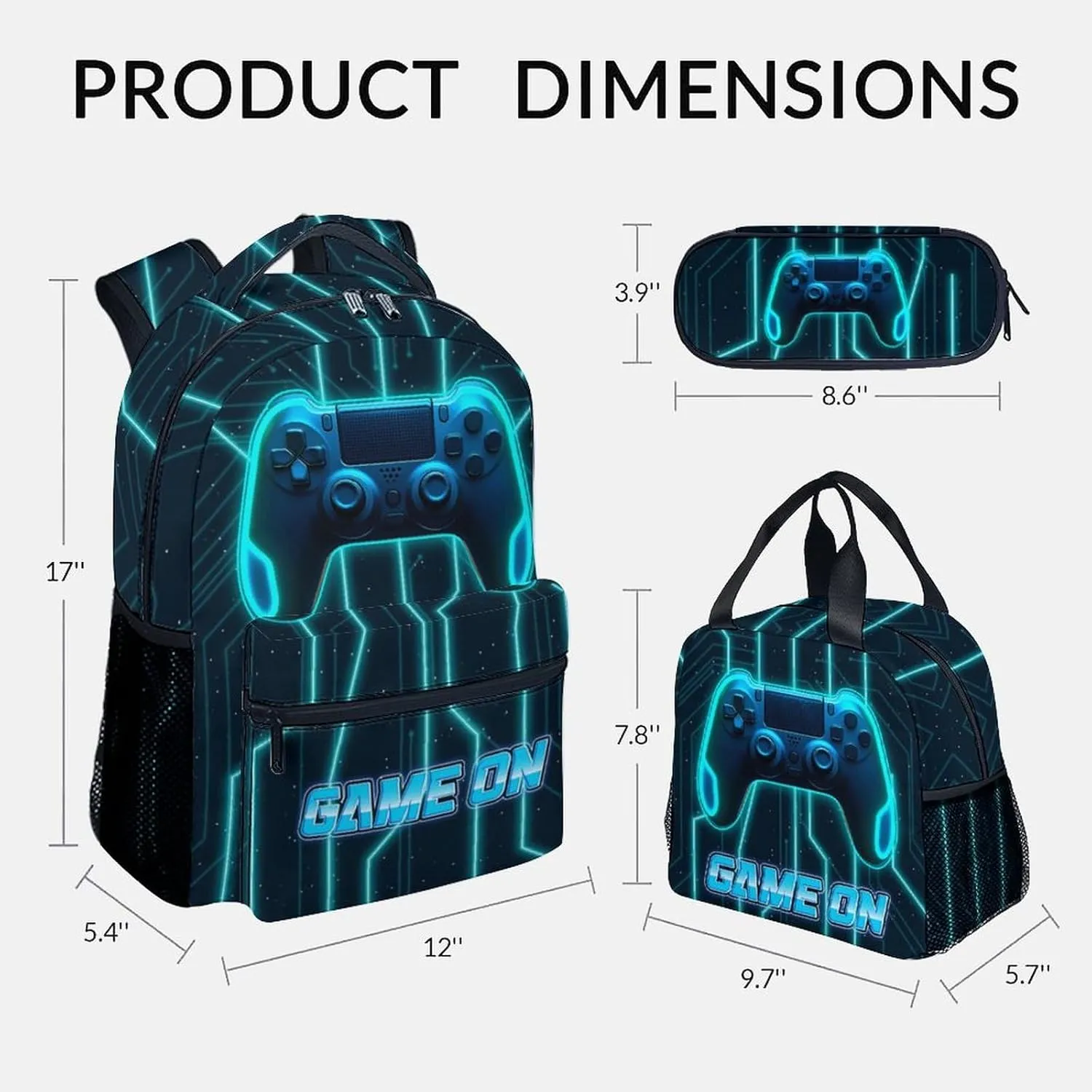Mercuryelf Boys Backpack with Lunch Box - 17 Inch Gamer Kid Backpack with Lunch Bag and Pencil for School, Travel - Cool Gaming Bookbag Set for Teens Kids