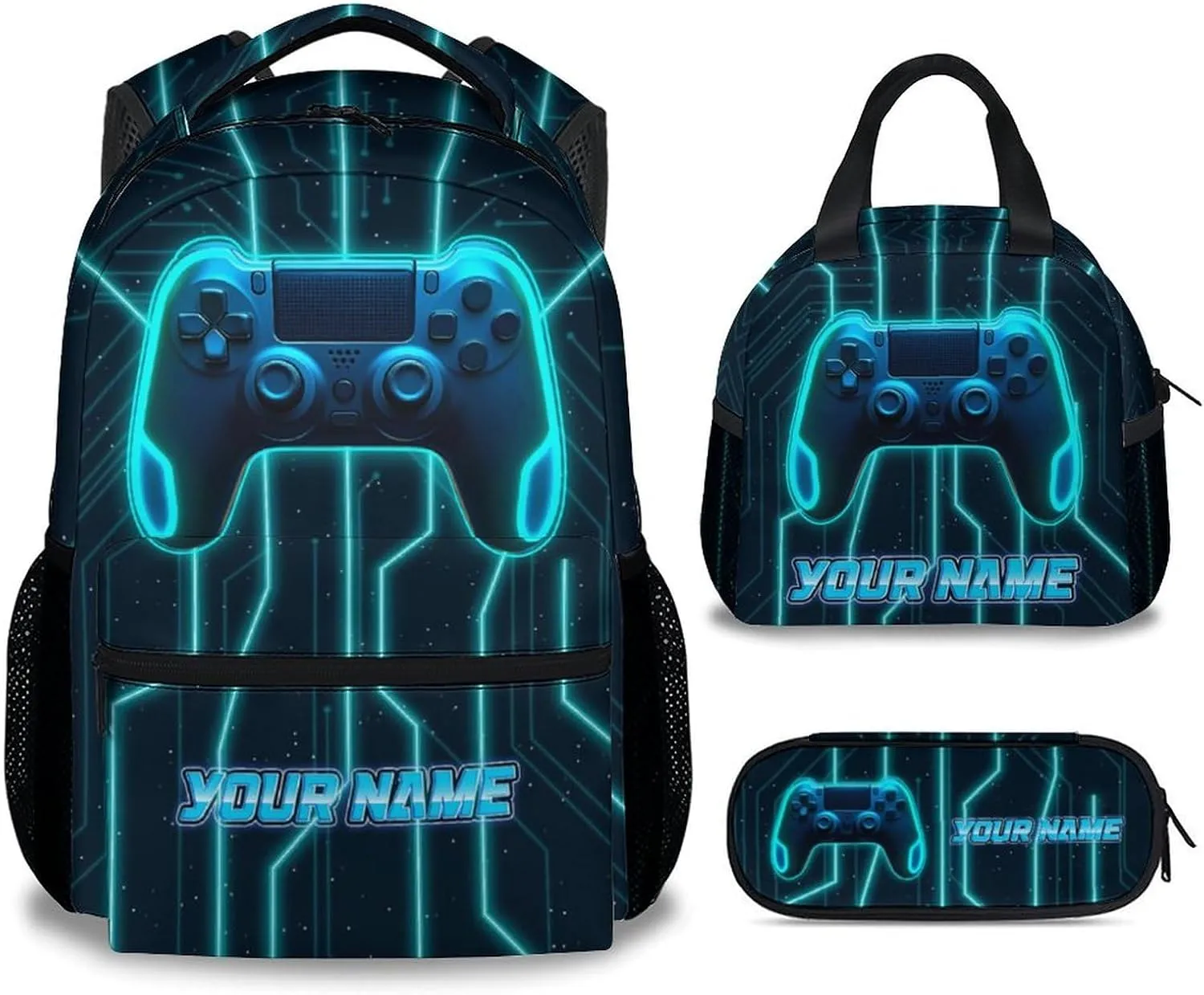 Mercuryelf Boys Backpack with Lunch Box - 17 Inch Gamer Kid Backpack with Lunch Bag and Pencil for School, Travel - Personalized Cool Gaming Bookbag Set for Teens Kids